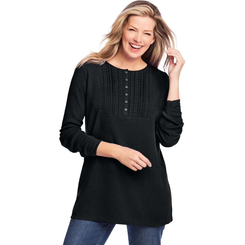 imageWoman Within Plus Size Waffle Thermal Lace Bib Henley TeeBlack
