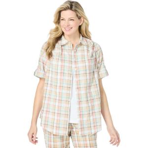 Woman Within Plus Size Petite Short-Sleeve Button-Down Cotton Seersucker Shirt(New Khaki Plaid)
