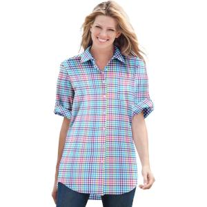Woman Within Plus Size Petite Short-Sleeve Button-Down Cotton Seersucker Shirt(Petal Purple Multi Plaid)