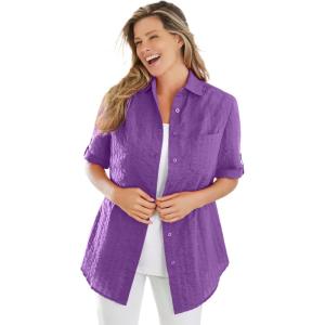 Woman Within Plus Size Petite Short-Sleeve Button-Down Cotton Seersucker Shirt(Pretty Violet)