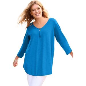 Woman Within Plus Size Three-Quarter Sleeve Zipper Tunic(Azure Blue)