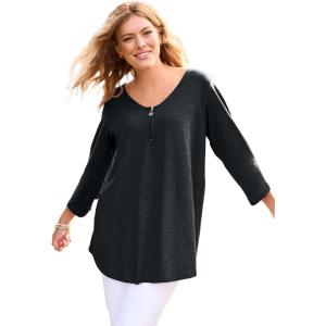 Woman Within Plus Size Three-Quarter Sleeve Zipper Tunic(Black)