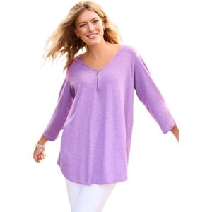 Woman Within Plus Size Three-Quarter Sleeve Zipper Tunic(Pretty Violet)