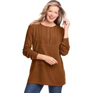 Woman Within Plus Size Waffle Thermal Lace Bib Henley Tee(Antique Copper)