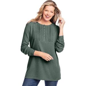 Woman Within Plus Size Waffle Thermal Lace Bib Henley Tee(Pine)