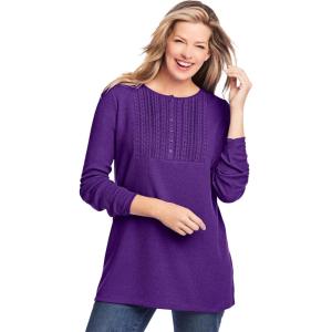 Woman Within Plus Size Waffle Thermal Lace Bib Henley Tee(Radiant Purple)