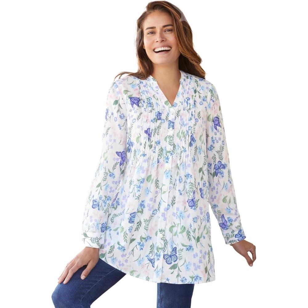 imageWoman Within Plus Size Perfect Pintuck TunicWhite Butterflies