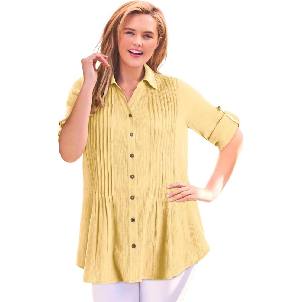imageWoman Within Plus Size Pintucked Button Down Gauze ShirtBanana