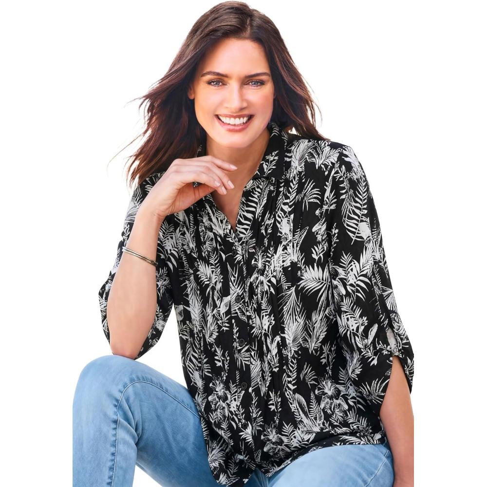 imageWoman Within Plus Size Pintucked Button Down Gauze ShirtBlack Palm Paradise