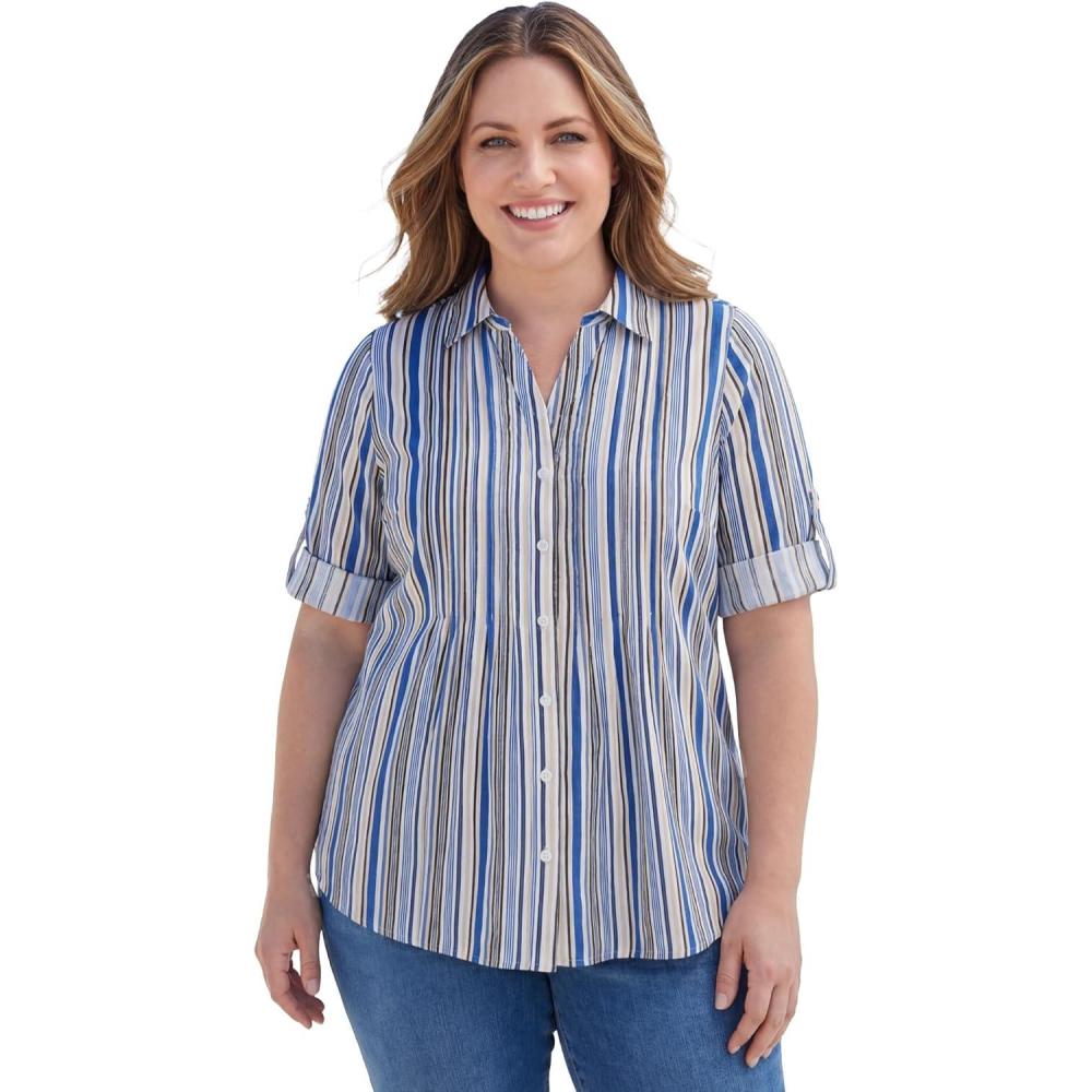 imageWoman Within Plus Size Pintucked Button Down Gauze ShirtDeep Cobalt Stripe
