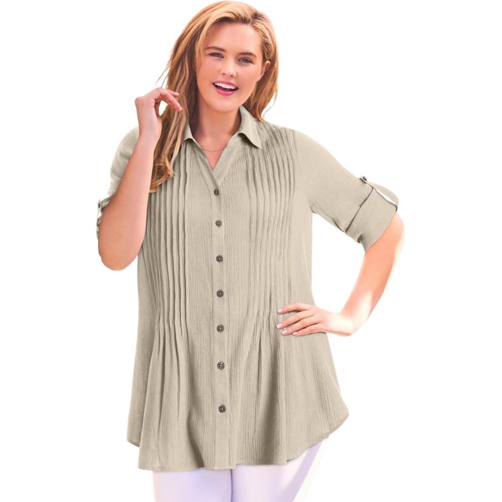 imageWoman Within Plus Size Pintucked Button Down Gauze ShirtNatural Khaki