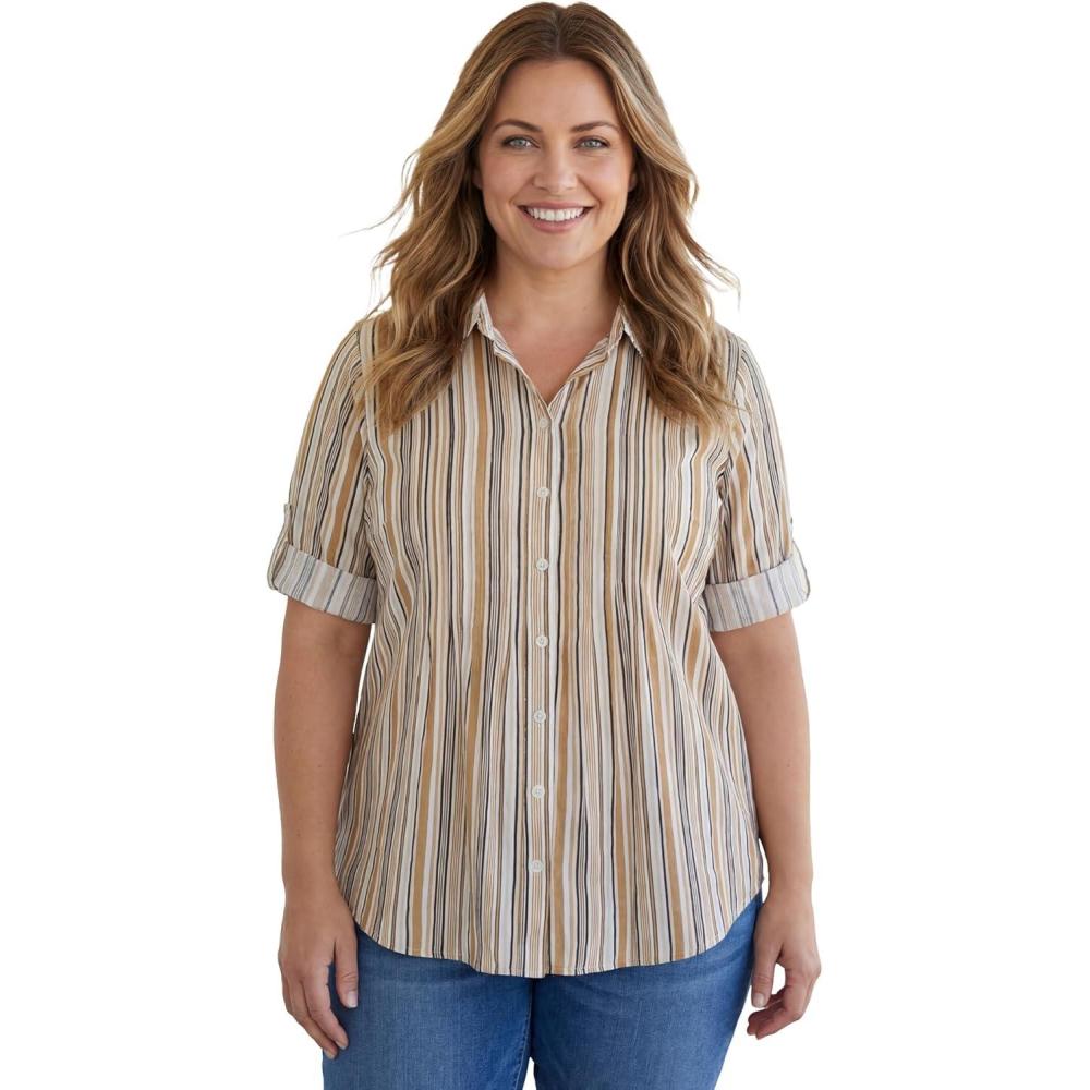 imageWoman Within Plus Size Pintucked Button Down Gauze ShirtNatural Khaki Stripe