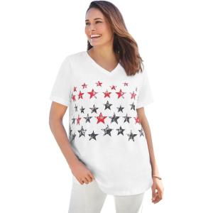 Woman Within Plus Size Cuffed Americana Print Tee(Red White Blue Stars)