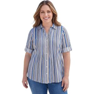 Woman Within Plus Size Pintucked Button Down Gauze Shirt(Deep Cobalt Stripe)