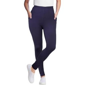 Woman Within Plus Size Tall Side Pocket Ankle-Length Pull-On Stretch Knit Cotton Spandex Leggings(Navy)