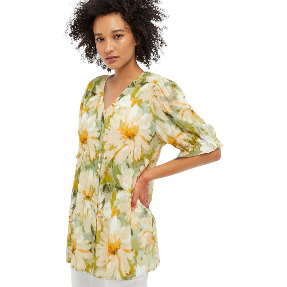 imageellos Plus Size Button Front Crinkle TunicDesert Sage Floral