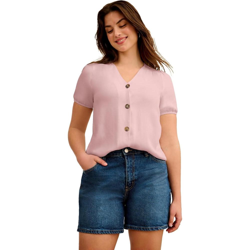imageellos Plus Size Contrast ButtonFront BlouseWood Rose Pink
