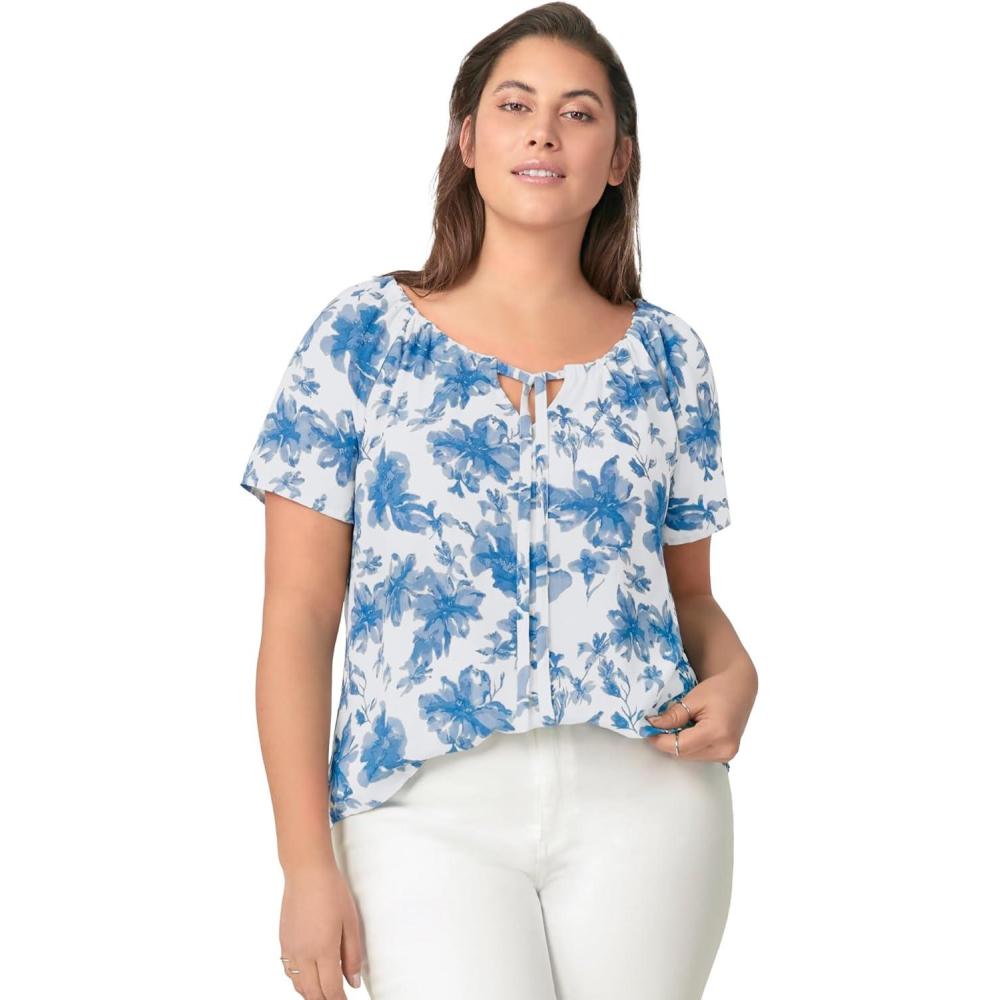 imageellos Plus Size Keyhole Peasant BlouseWhite Blue Floral
