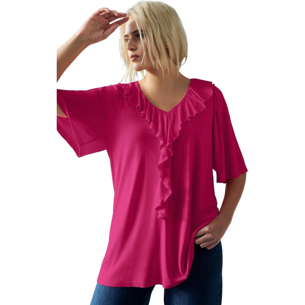imageellos Plus Size Stretch Knit VNeck Ruffle Front TunicCherry Red