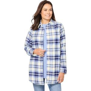 Woman Within Plus Size Fleece Flannel Snap-Front Shirt(French Blue Ivory Plaid)