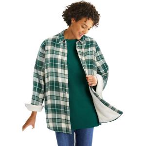 Woman Within Plus Size Fleece Flannel Snap-Front Shirt(Green Ivory Plaid)