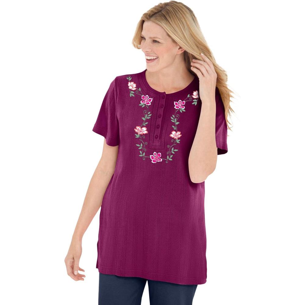 imageWoman Within Plus Size 7Day Embroidered Pointelle TunicDeep Claret Floral Embroidery