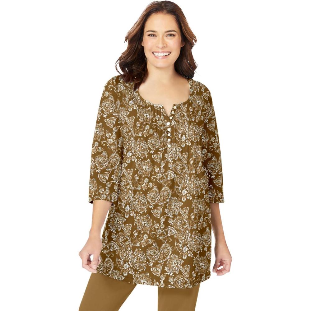 imageWoman Within Plus Size 7Day ThreeQuarter Sleeve Pintucked Henley TunicToffee Paisley Floral