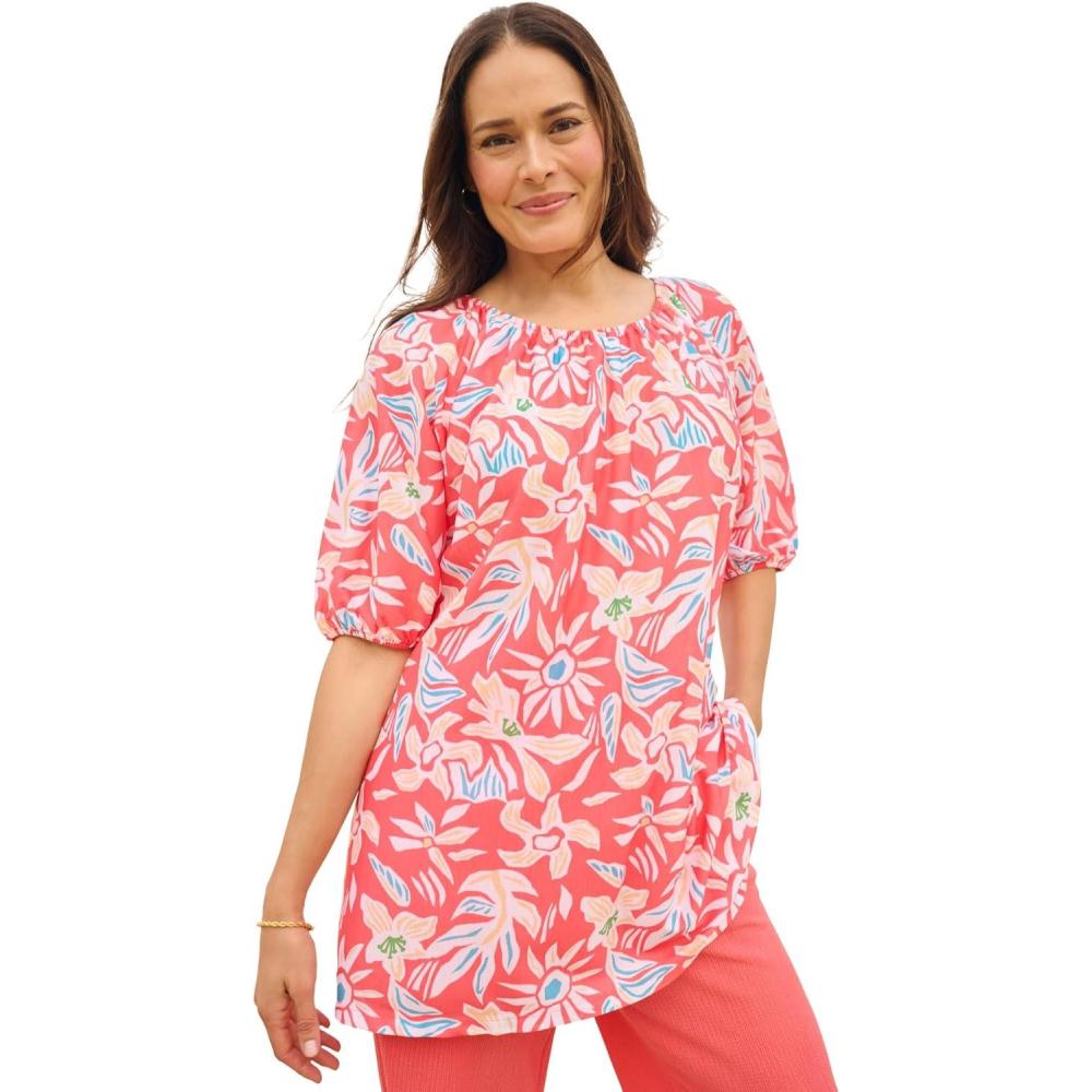 imageWoman Within Plus Size Blouson Peasant TunicSweet Coral Tropicana