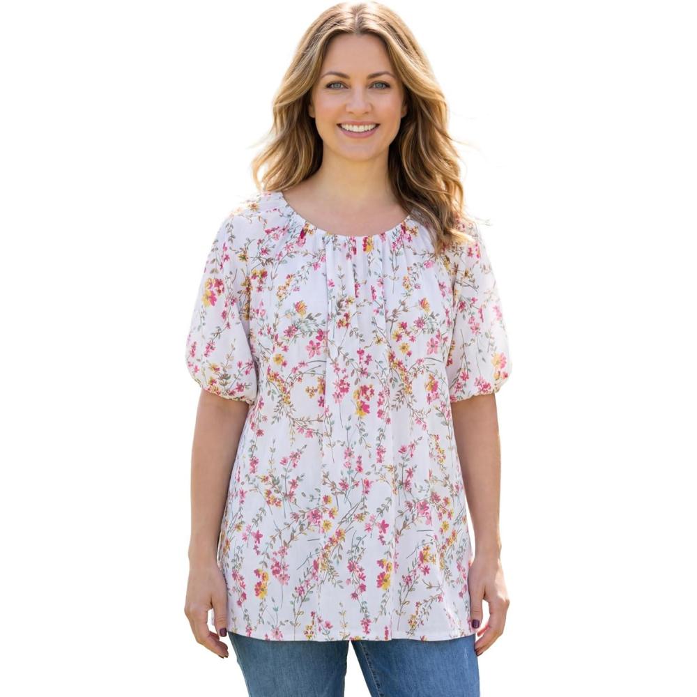 imageWoman Within Plus Size Blouson Peasant TunicWhite Secret Garden