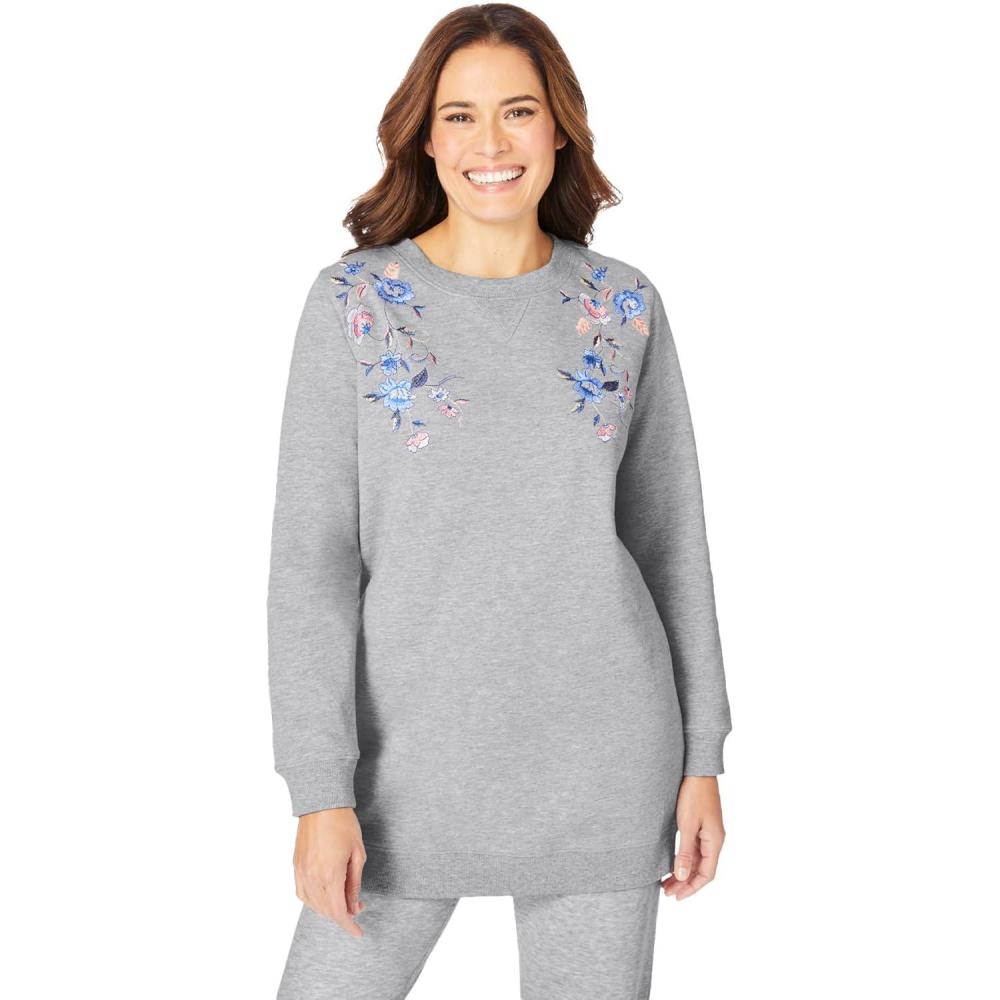 imageWoman Within Plus Size Crewneck Fleece SweatshirtHeather Grey Floral Vine Embroidery