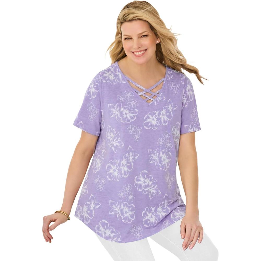imageWoman Within Plus Size Criss Cross TeePale Lilac Plumeria