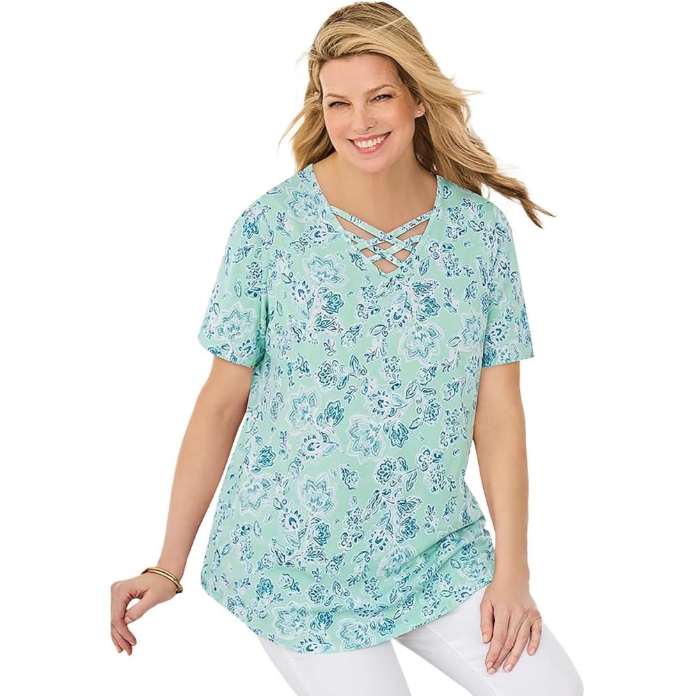 imageWoman Within Plus Size Criss Cross TeePale Seafoam Paisley