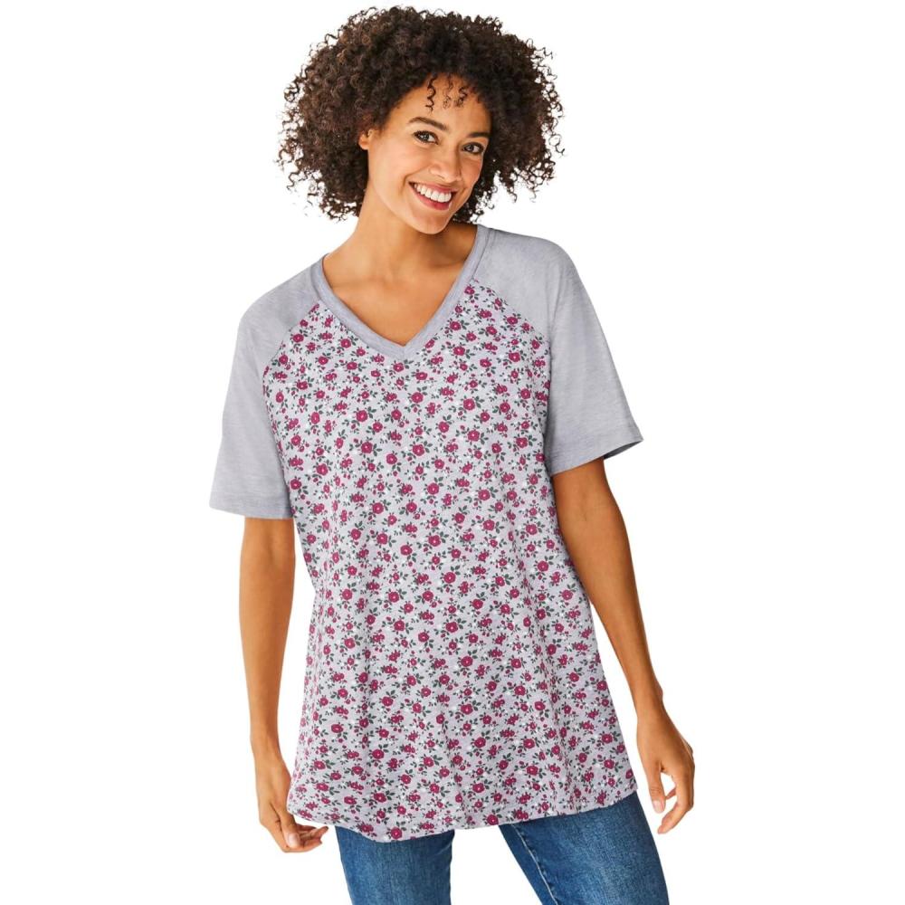 imageWoman Within Plus Size Elbow Sleeve VNeck Baseball TeeHeather Grey Ditsy