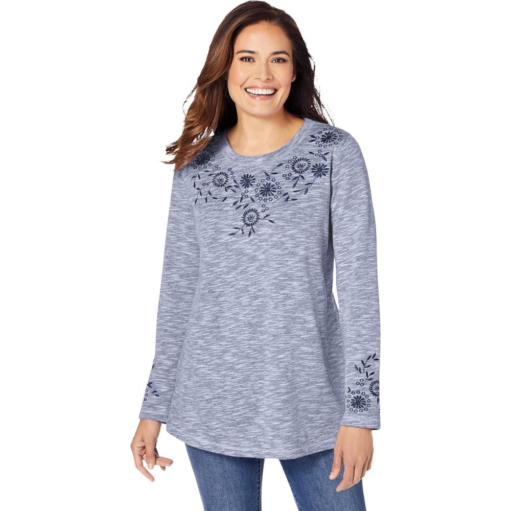 imageWoman Within Plus Size Floral Embroidered Sweatshirt TeeEvening Blue Marled Embroidery