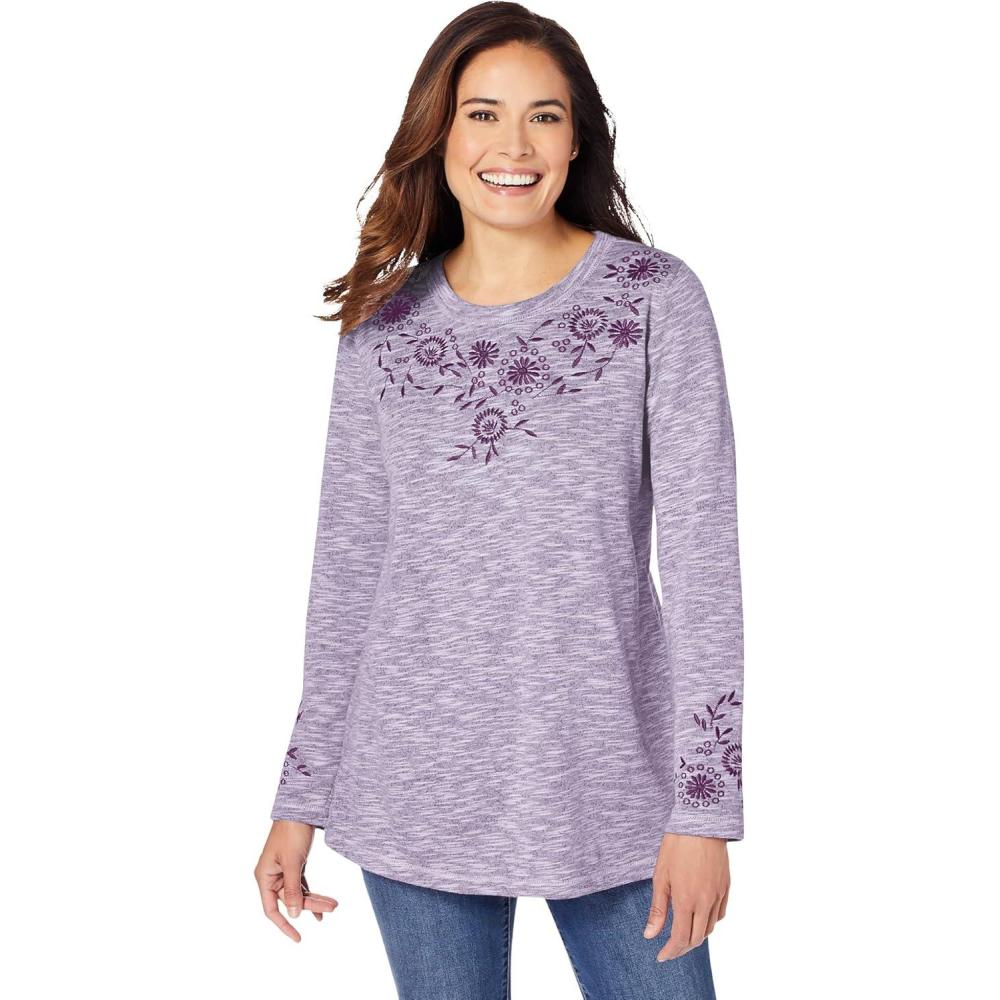imageWoman Within Plus Size Floral Embroidered Sweatshirt TeeRadiant Purple Marled Embroidery
