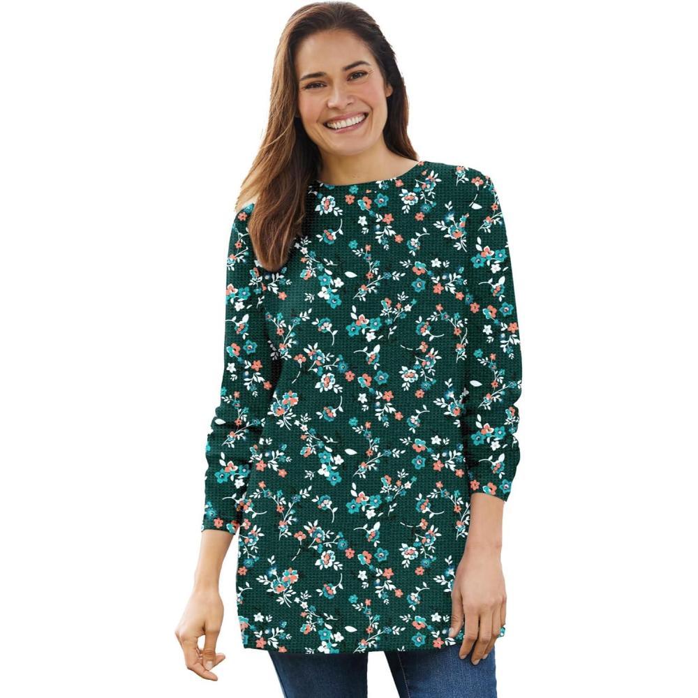 imageWoman Within Plus Size LongSleeve Crewneck Soft Waffle Knit Thermal ShirtEmerald Green Multi Delicate Floral