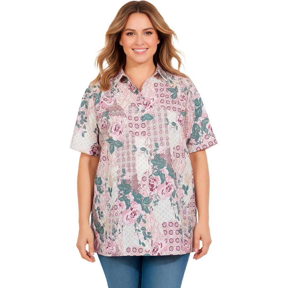 imageWoman Within Plus Size No Iron Short Sleeve Peachskin ShirtNew Khaki Multi Patchwork