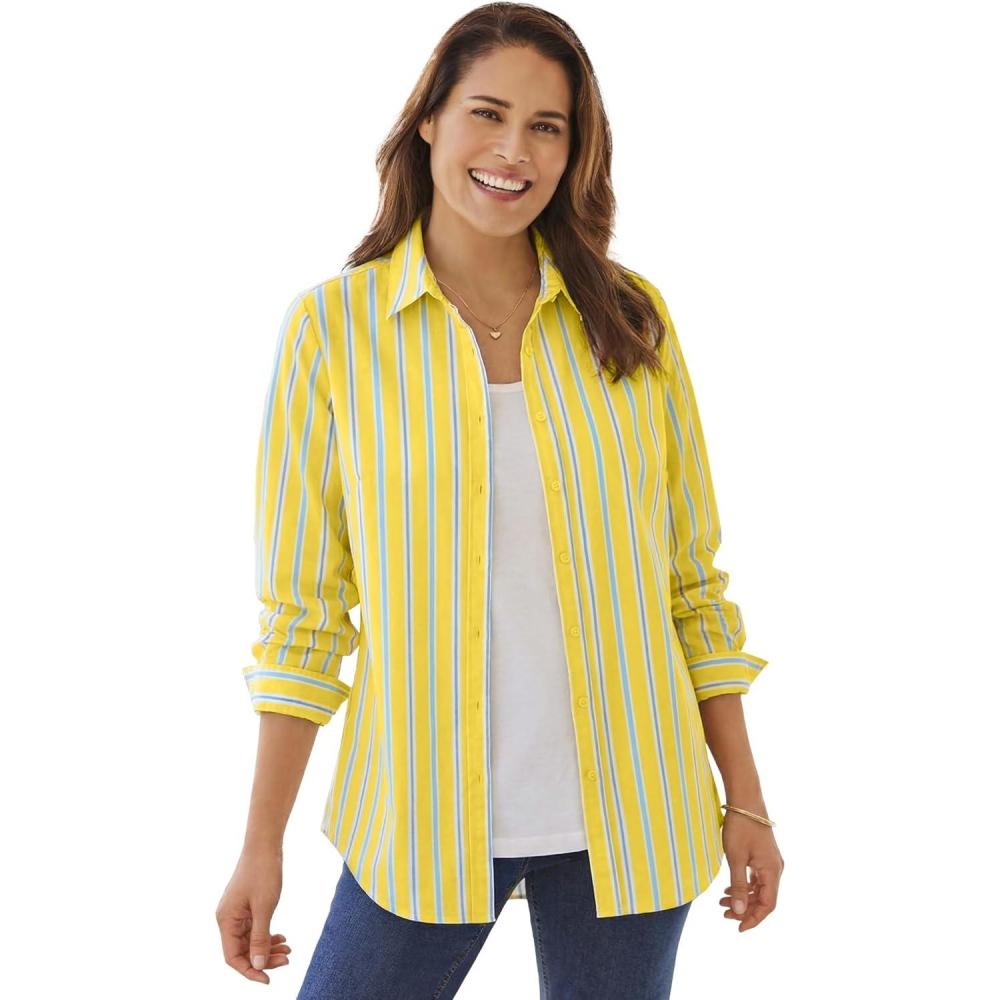 imageWoman Within Plus Size Perfect Long Sleeve ShirtPrimrose Yellow Sunny Stripe