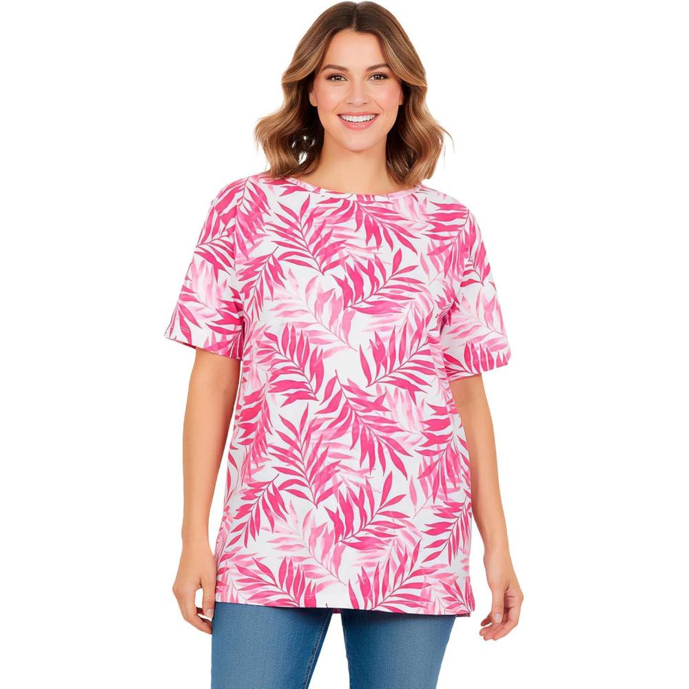 imageWoman Within Plus Size Perfect Printed ShortSleeve Boatneck TunicRaspberry Palm Leaves