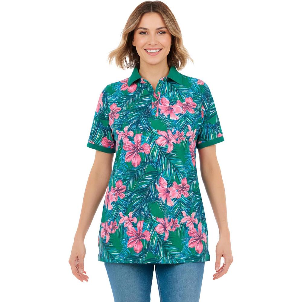 imageWoman Within Plus Size Perfect Printed ShortSleeve Polo ShirtEmerald Tropical Bloom