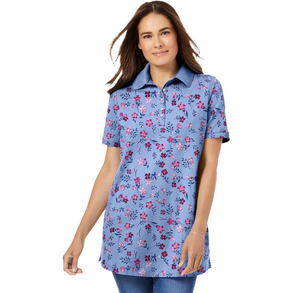 imageWoman Within Plus Size Perfect Printed ShortSleeve Polo ShirtFrench Blue Pretty Floral