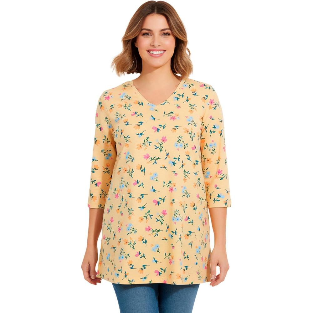 imageWoman Within Plus Size Perfect Printed ThreeQuarterSleeve VNeck TunicBanana Tulip Flowers