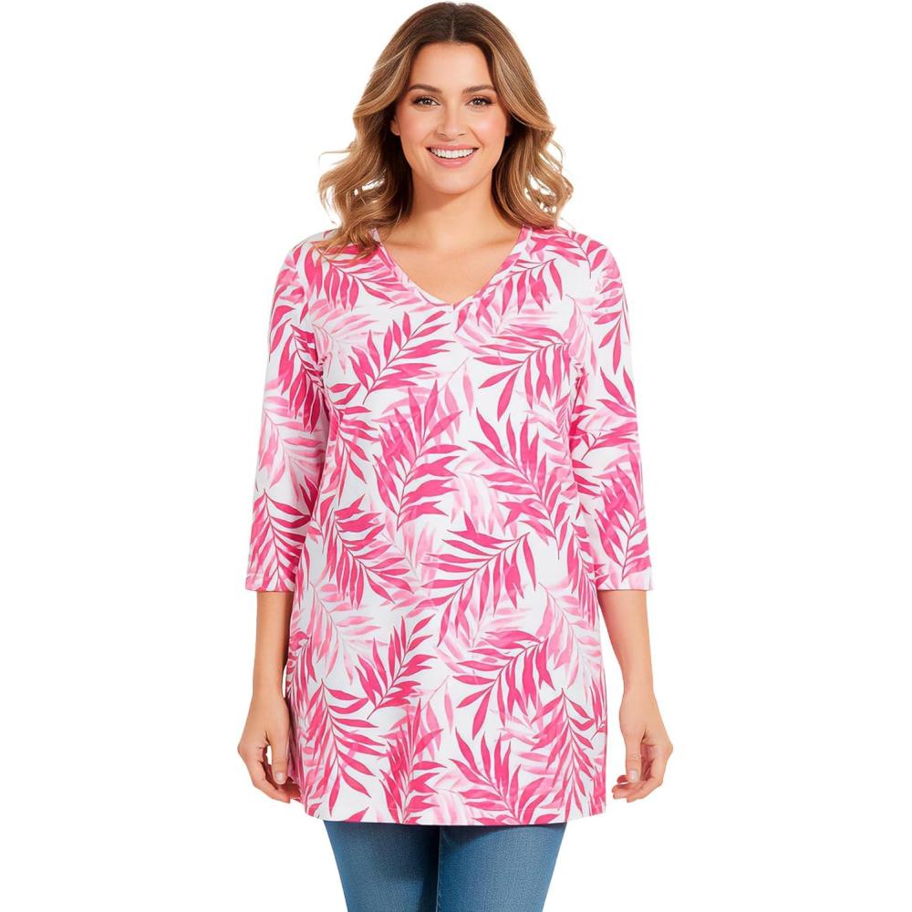 imageWoman Within Plus Size Perfect Printed ThreeQuarterSleeve VNeck TunicRaspberry Palm Leaves