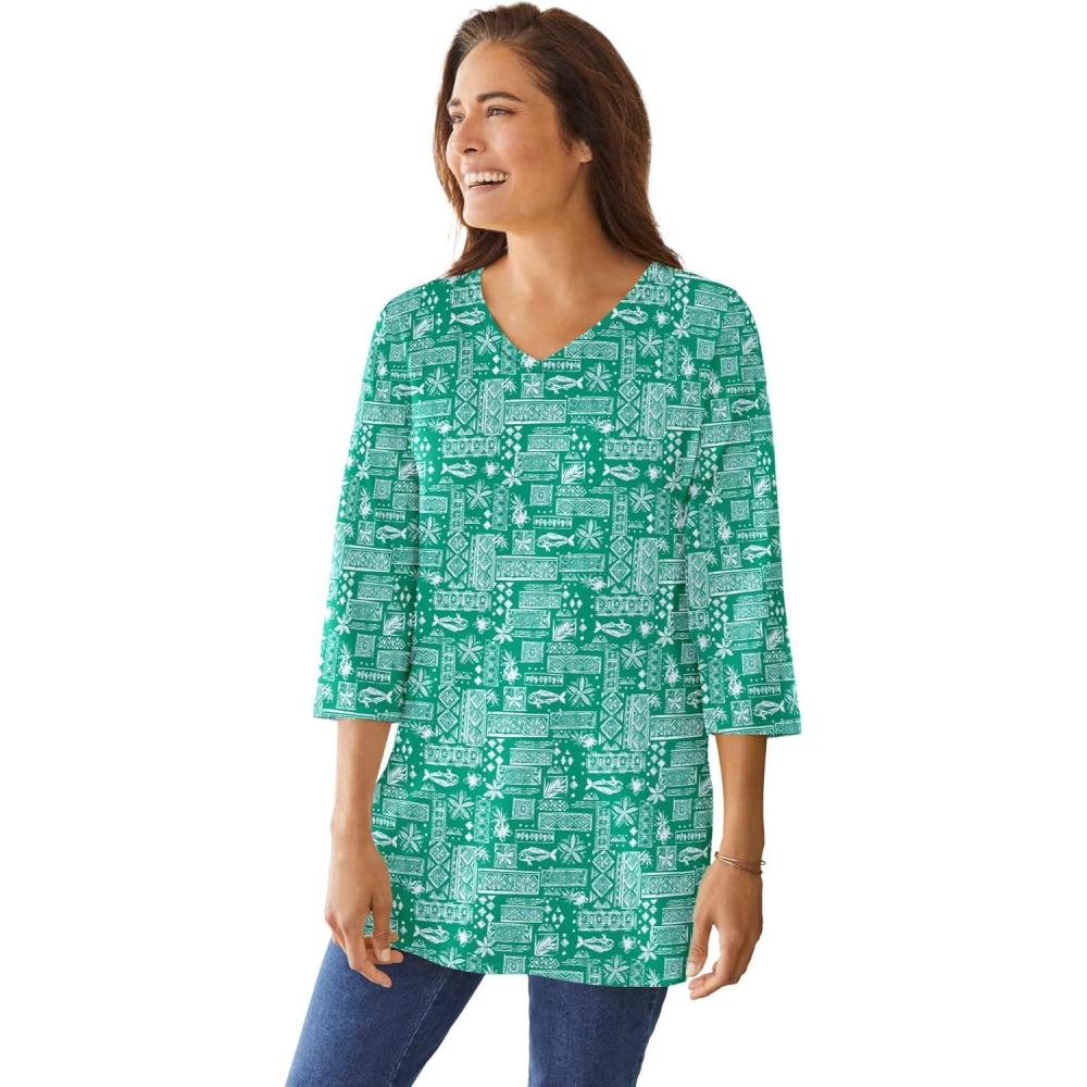 imageWoman Within Plus Size Perfect Printed ThreeQuarterSleeve VNeck TunicTropical Green Island Stamp