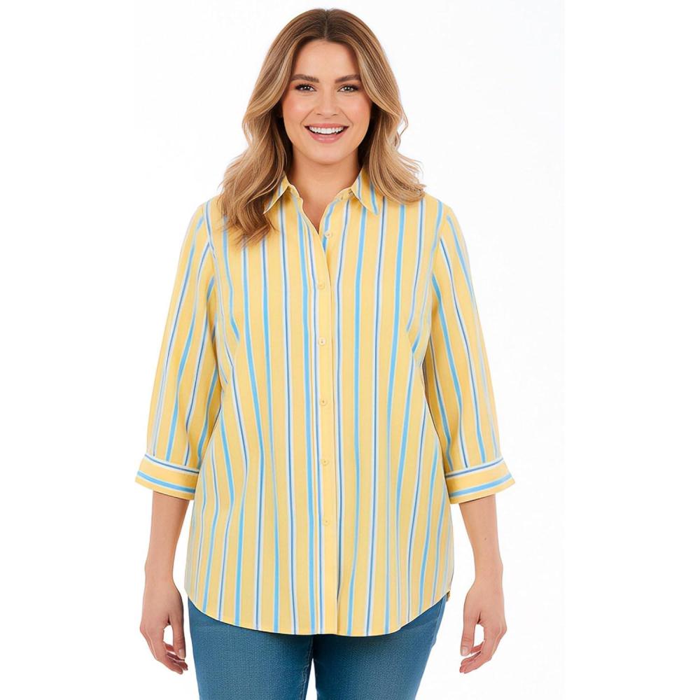 imageWoman Within Plus Size Perfect Three Quarter Sleeve ShirtPrimrose Yellow Sunny Stripe