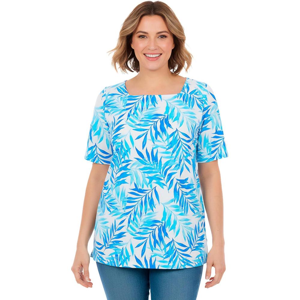 imageWoman Within Plus Size Printed Perfect SquareNeck TeeBlue Breezy Palms