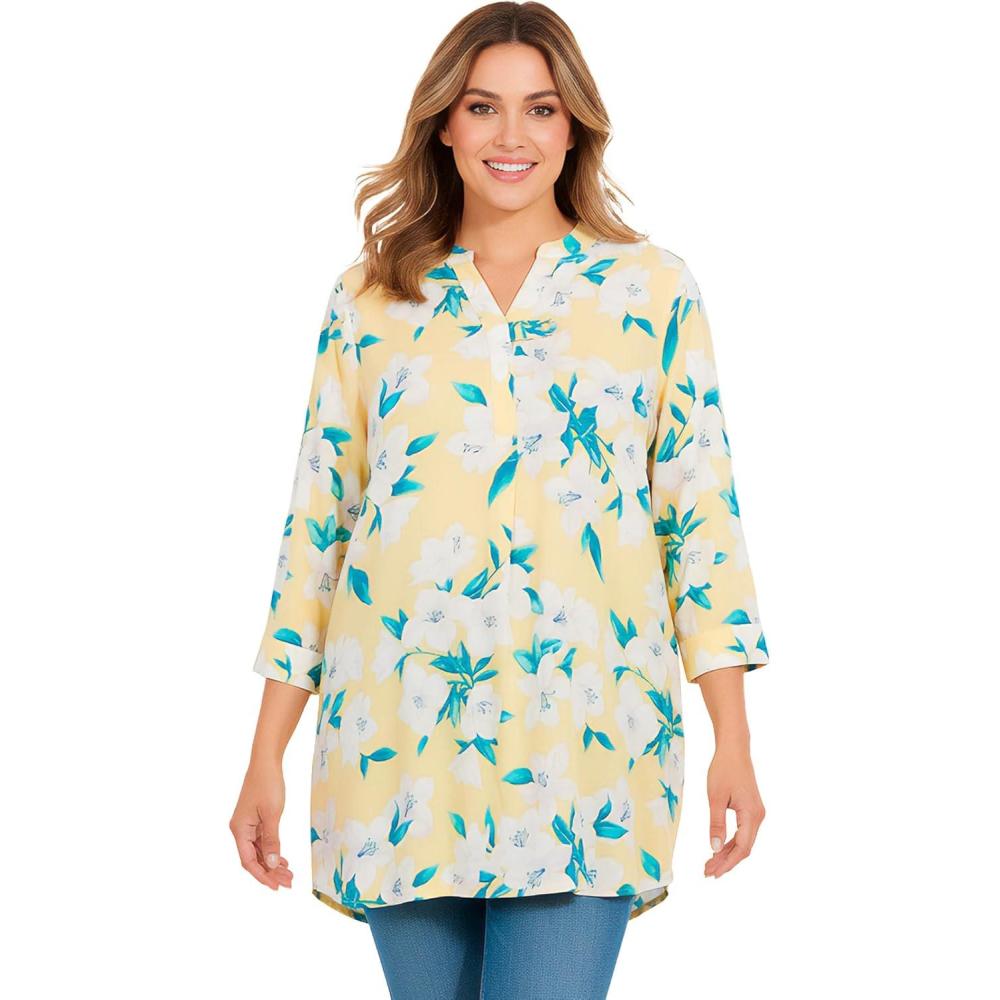 imageWoman Within Plus Size Rayon ThreeQuarter Sleeve Effortless TabFront BlouseBanana Blossom