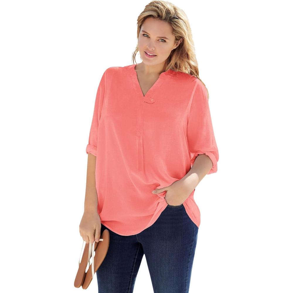 imageWoman Within Plus Size Rayon ThreeQuarter Sleeve Effortless TabFront BlouseSweet Coral