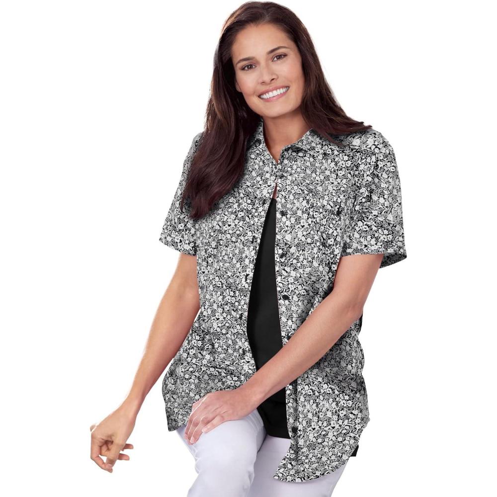 imageWoman Within Plus Size Relaxed Fit Cotton Camp ShirtBlack Paisley Ditsy