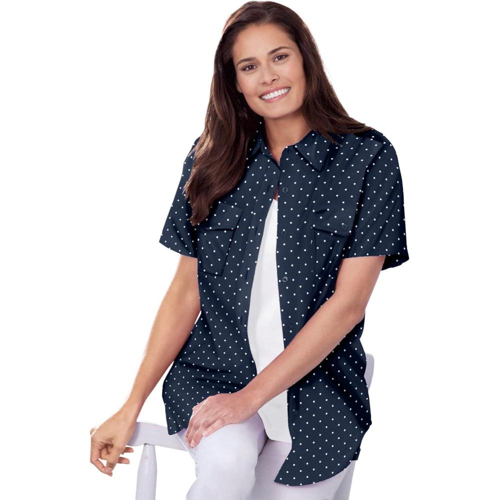 imageWoman Within Plus Size Relaxed Fit Cotton Camp ShirtNavy Mini Dot